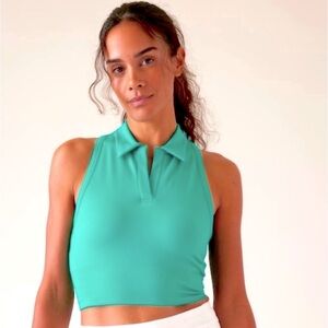 NEW ATHLETA - Cropped Ribbed Collar Top in Teal